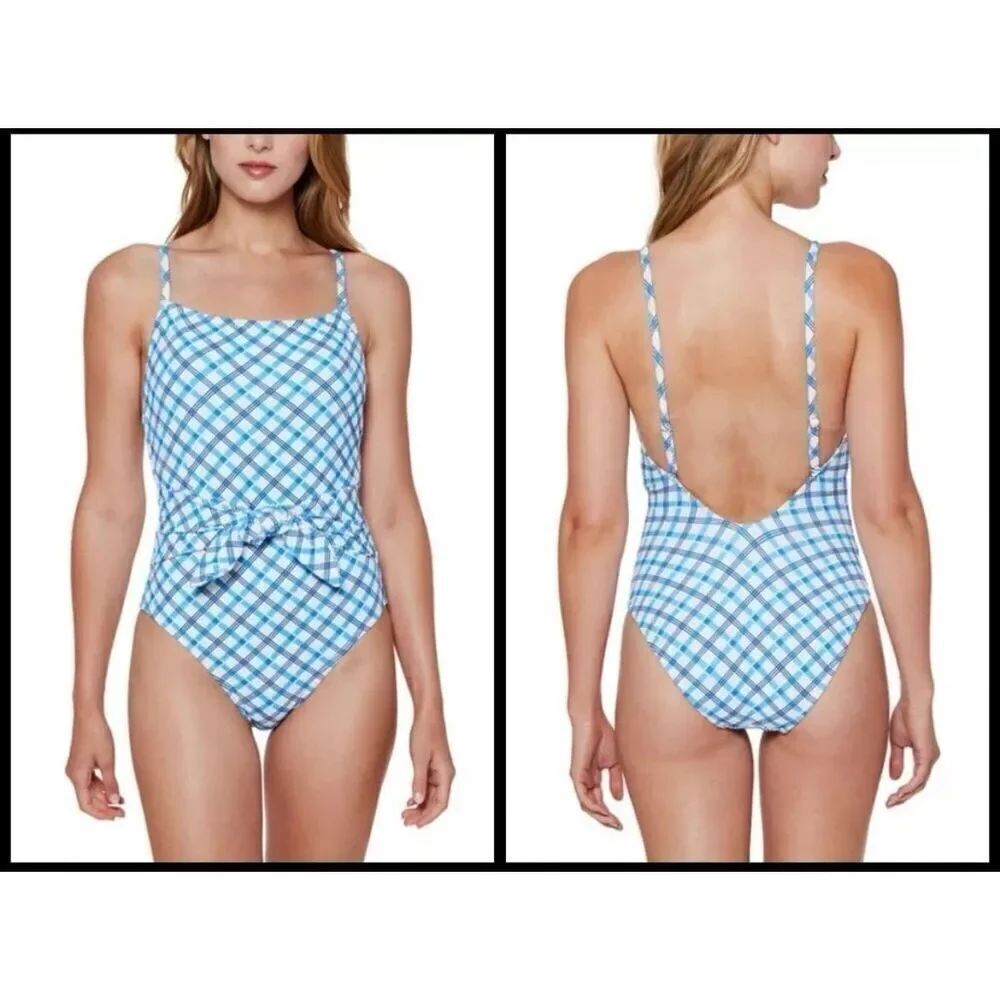 Jessica Simpson Blue & White Checked Tie Waist One Piece Swimsuit sz XL NWT